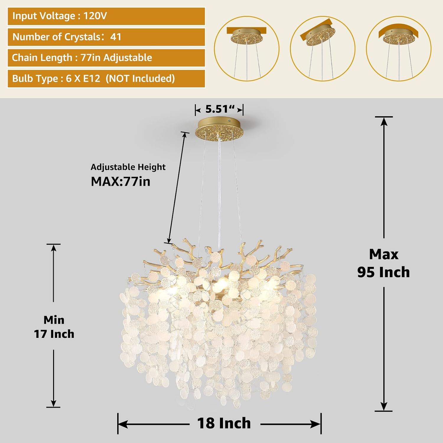 18-Inch Coastal Chandelier, 6-Light Gold Tree Branch Chandelier, Modern Foyer Bedroom Chandeliers with Adjustable Height, Round Crystal Pendant Light Fixtures for Entryway Dining Room, E12