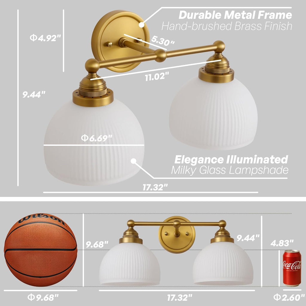 2-Lights Milk White Glass Wall Sconce Lighting Brass Finished, Double Arm Bathroom Vanity Light Fixture for Bedroom Living Room Dining Room Hallway