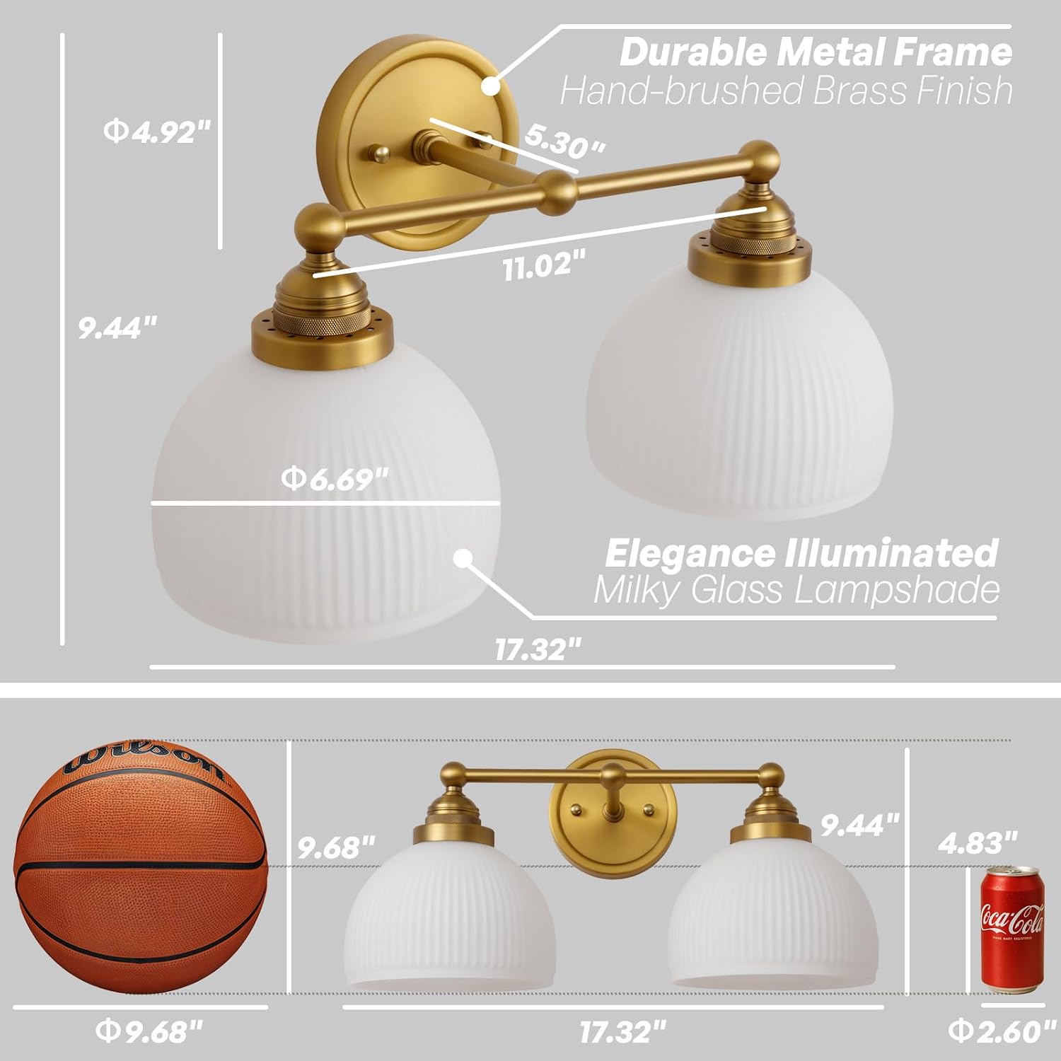 2-Lights Milk White Glass Wall Sconce Lighting Brass Finished, Double Arm Bathroom Vanity Light Fixture for Bedroom Living Room Dining Room Hallway