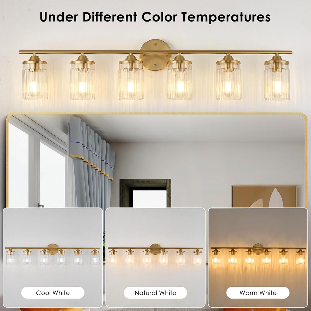 Jonsi Gold Bathroom Light Fixtures 6-Light Vanity Lights Modern Wall Sconce with Clear Glass Shade Brushed Brass Bathroom Light Fixture Over Mirror for Bedroom Hallway Kitchen