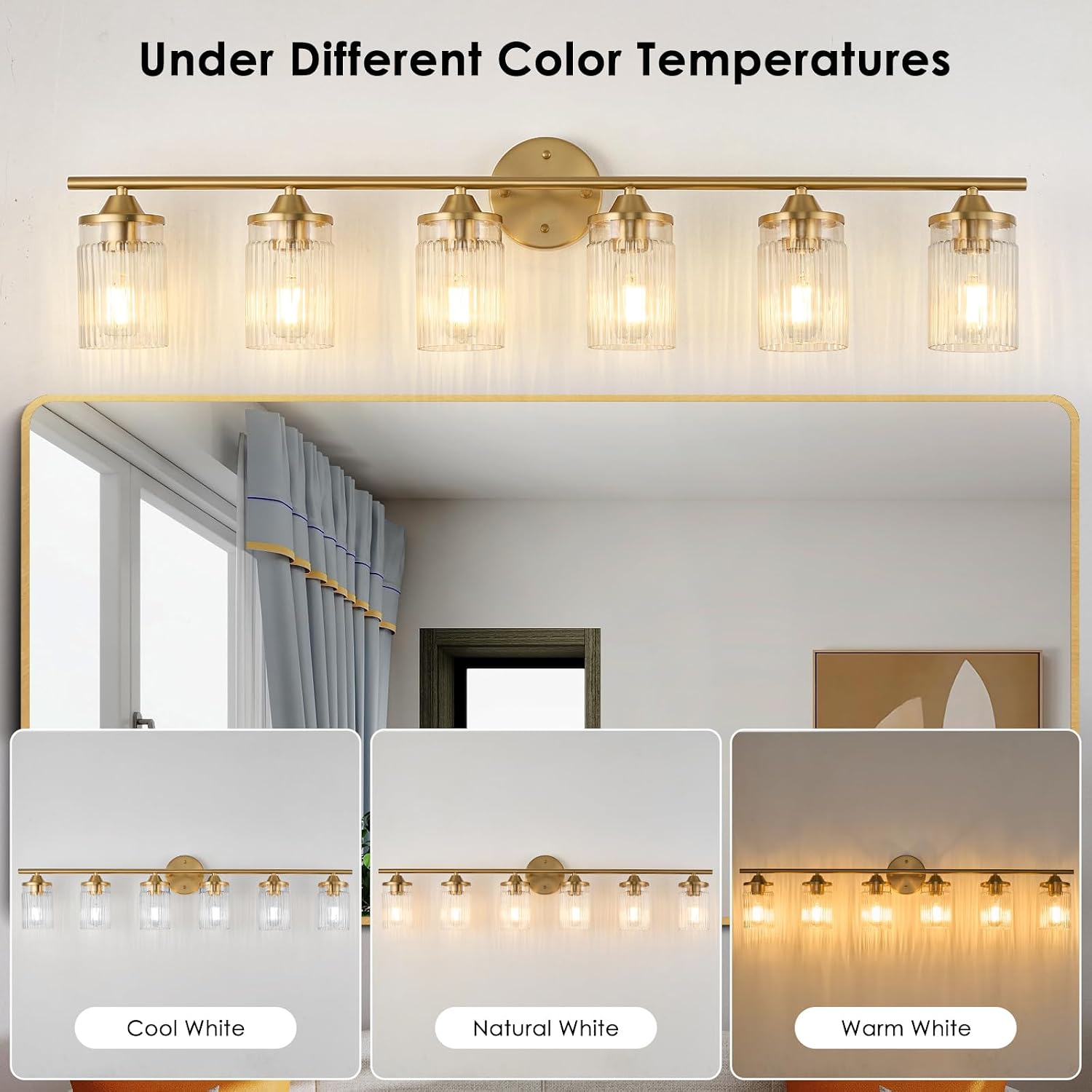 Jonsi Gold Bathroom Light Fixtures 6-Light Vanity Lights Modern Wall Sconce with Clear Glass Shade Brushed Brass Bathroom Light Fixture Over Mirror for Bedroom Hallway Kitchen