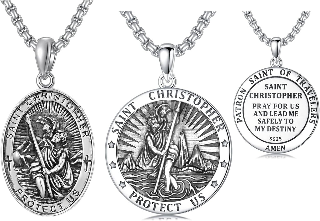 Seiyang St Christopher Medal for Men 925 Sterling Silver Round & Oval St Christopher Pendant Mens Double Sided Saint Christopher Medallion Necklace Protection Jewelry Religious Gifts for Men Women