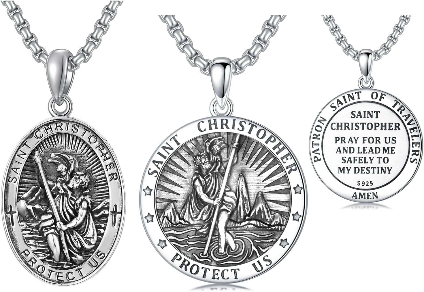 Seiyang St Christopher Medal for Men 925 Sterling Silver Round & Oval St Christopher Pendant Mens Double Sided Saint Christopher Medallion Necklace Protection Jewelry Religious Gifts for Men Women