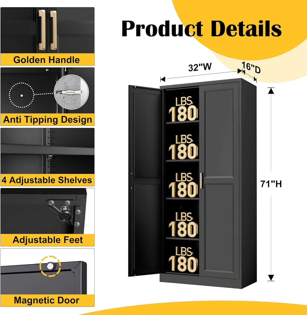 SteeLoong Kitchen Pantry Cabinet,71'Black Metal Pantry Storage Cabinet with Doors and 4 Adjustable Shelves,Kitchen Cabinet with 2 Gold Handles,Tall Cabinet for Livingroom,Pantry, Bathroom