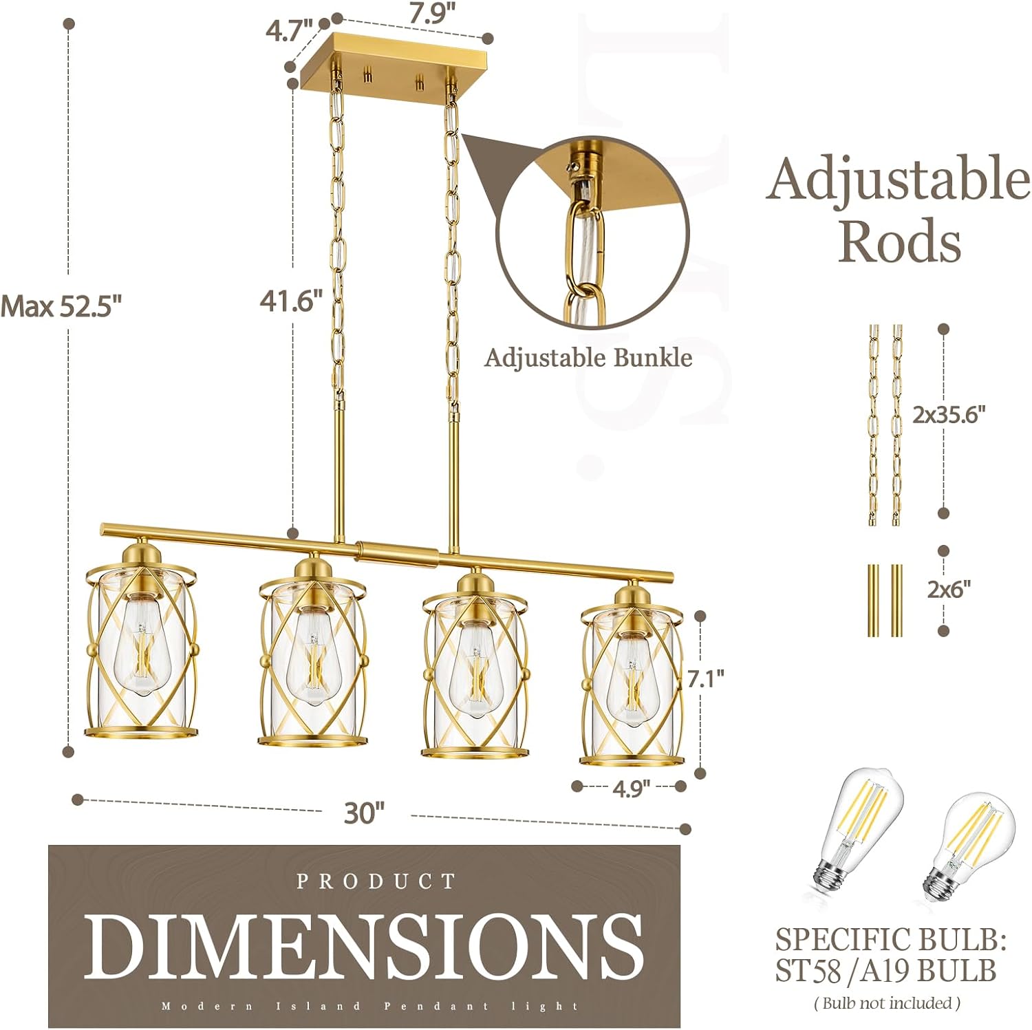 4-Light Kitchen Island Lighting, Modern Brushed Gold Dining Room Light Fixtures with Clear Glass, Farmhouse Industrial Linear Chandelier Pendant Light with Adjustable Chain, CH9176BG-4IS