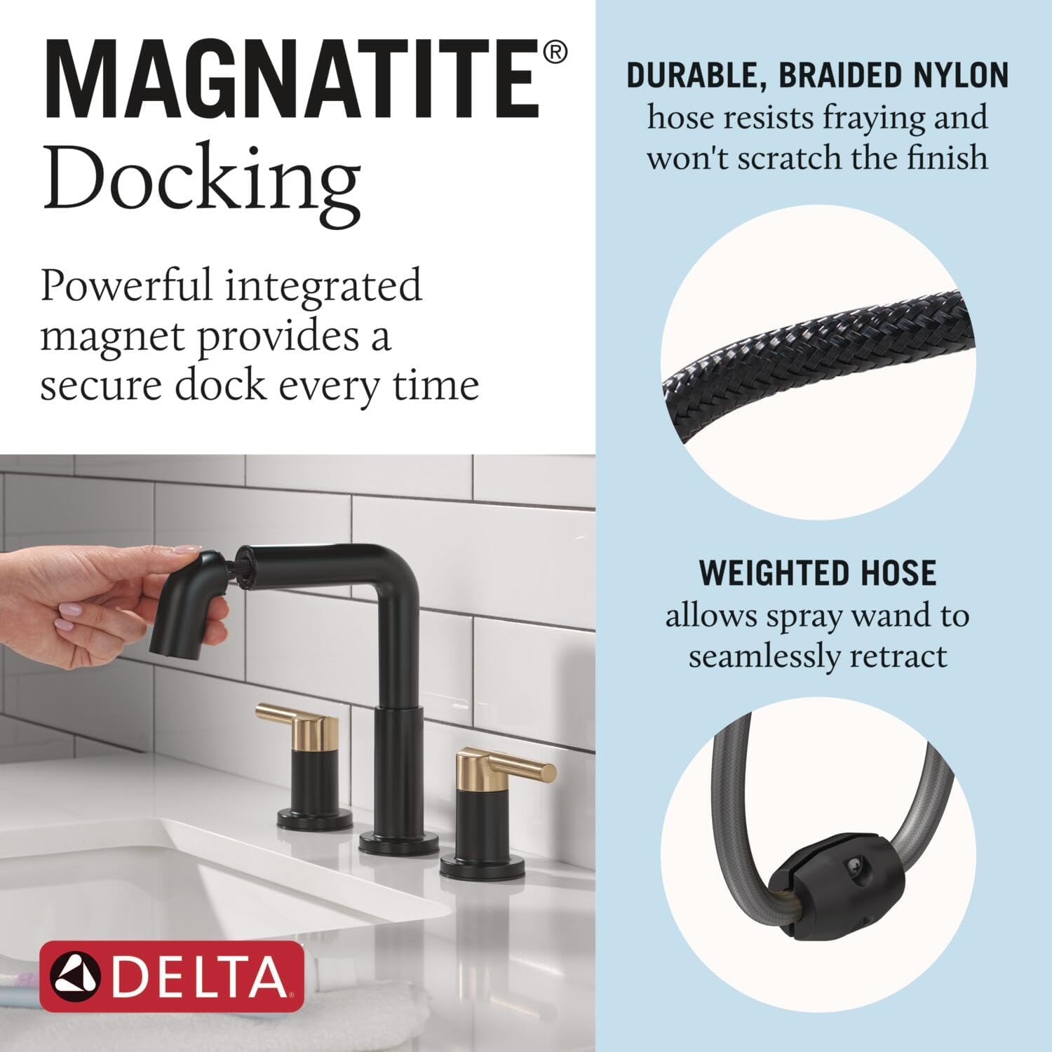 Delta Nicoli Matte Black/Brushed Gold Bathroom Faucet with Sprayer, 8 Inch 3 Hole Widespread Bathroom Sink Faucet with Pull Out Sprayer, Push-Pop Drain, Matte Black/Champagne Bronze 35849LF-GZPD
