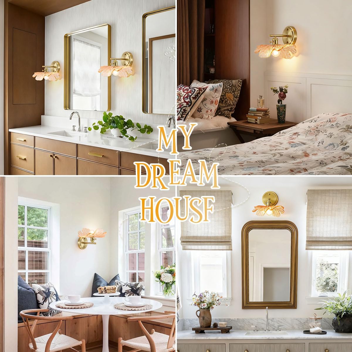 Unique Wall Light Set of 2 with Amber Glass Petals Over Mirror | Vintage Wall Sconce Set of 2 Bathroom Vanity Lights, flower Glass Shade ＆Gold Brass E26 Base, Easy to install, For Hallway