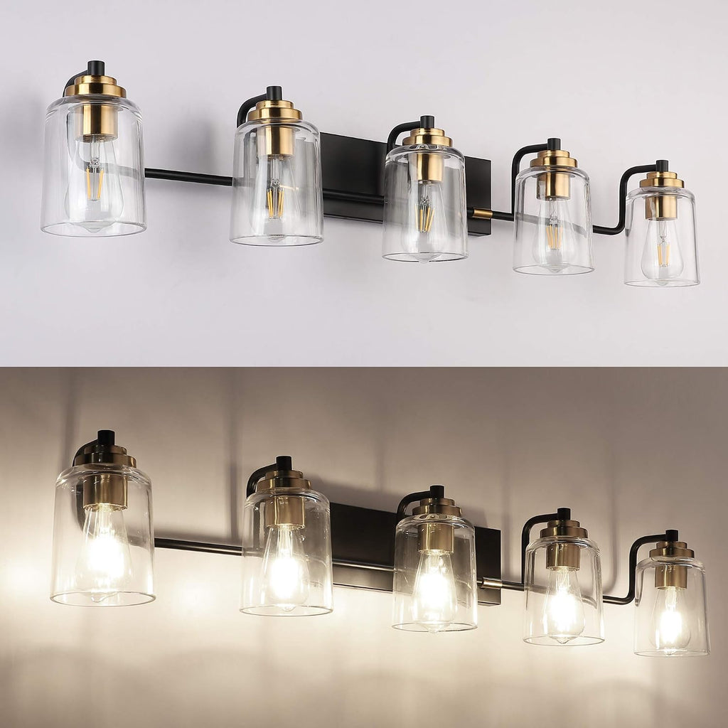 SOLFART Vintage Vanity Lights for Bathroom 5 Light Bathroom Vanity Light Black Metal with Clear Glass Brass Fixtures Wall Mount Lighting Wall Sconce