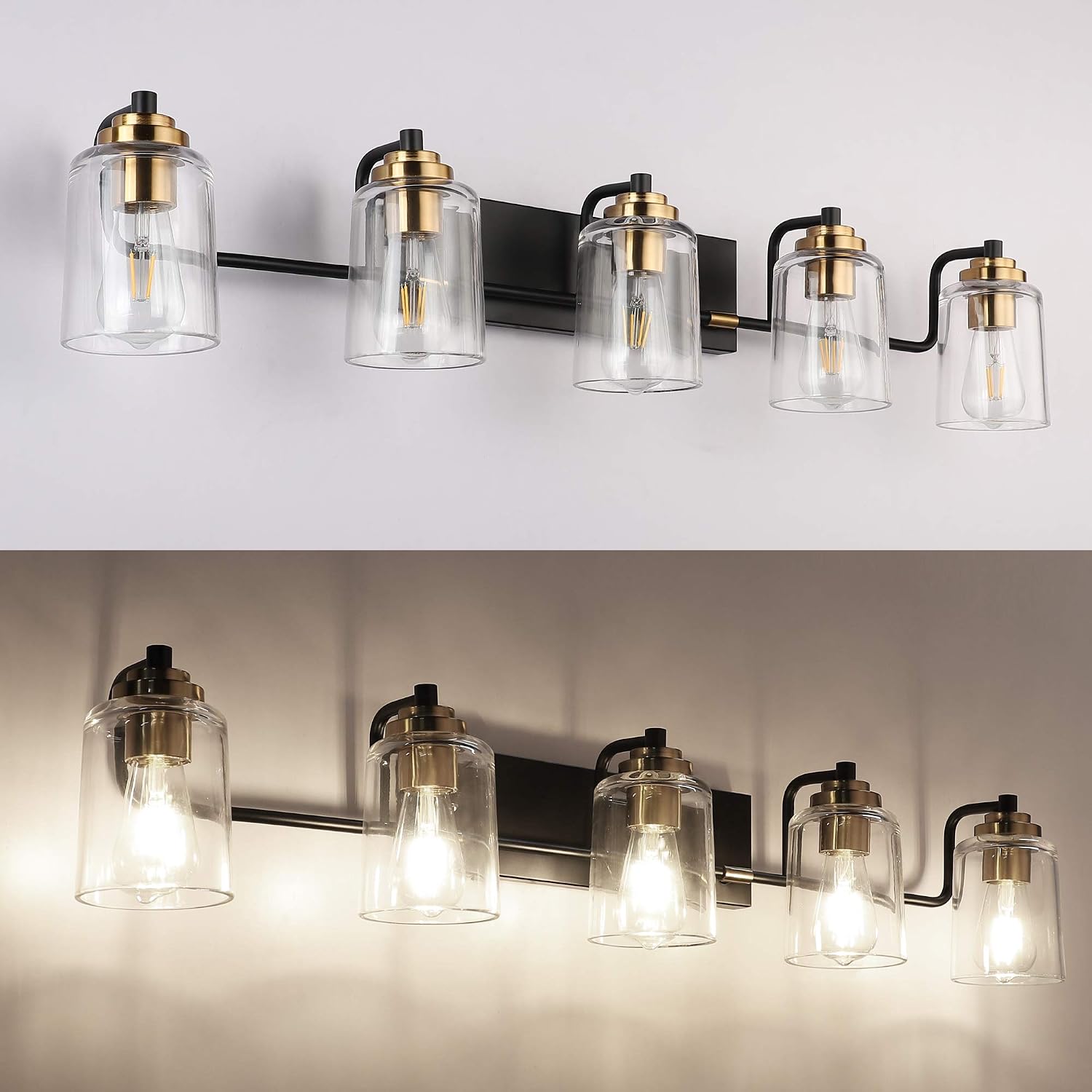 SOLFART Vintage Vanity Lights for Bathroom 5 Light Bathroom Vanity Light Black Metal with Clear Glass Brass Fixtures Wall Mount Lighting Wall Sconce