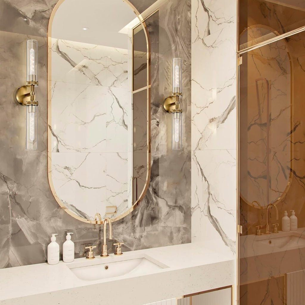 2-Pack Bathroom Vanity Light Fixtures – Modern 2-Light Gold Wall Sconces with Knurled Texture, Clear Glass Shades, Horizontal or Vertical Hardwired Mount, Bathroom Lighting Fixtures Over Mirror