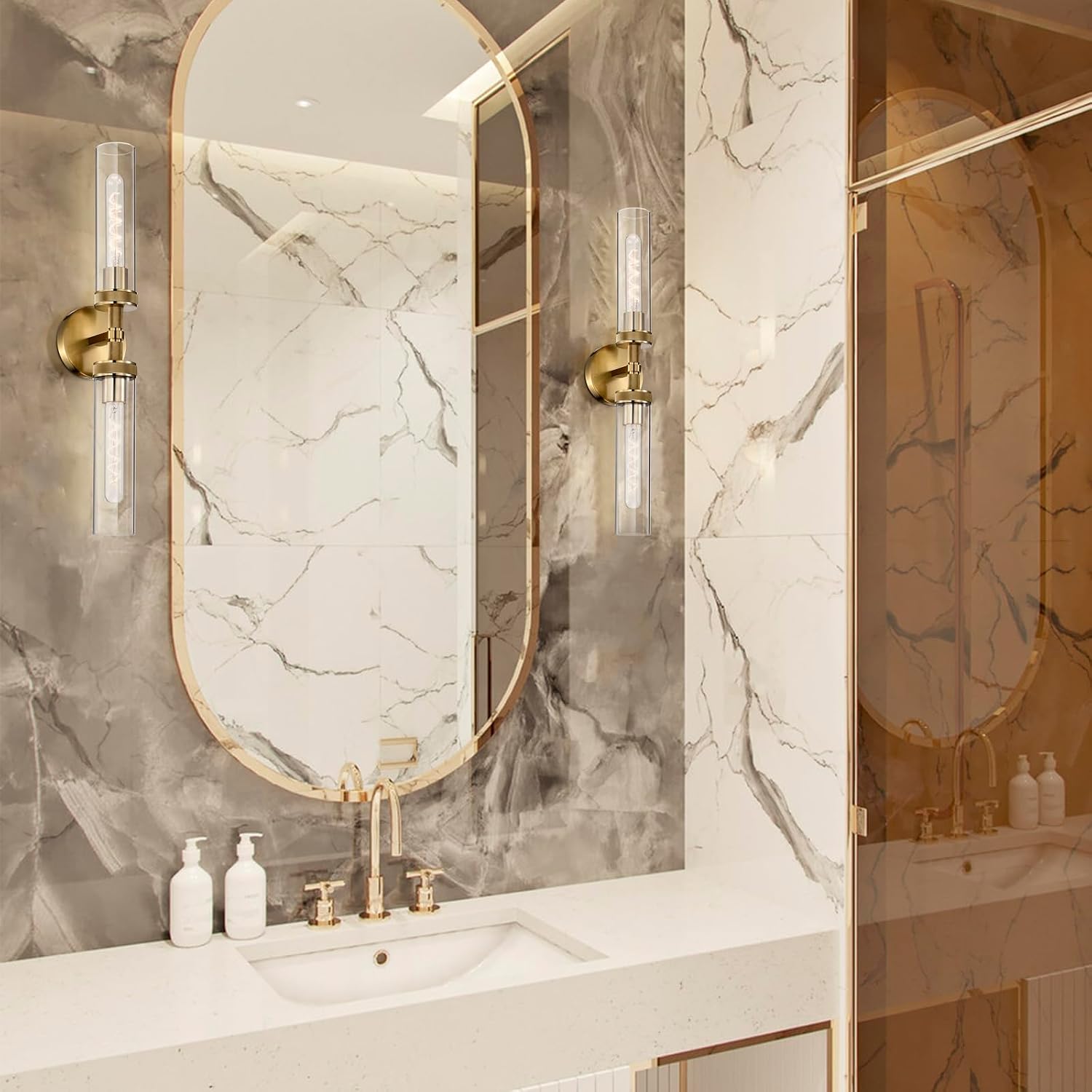 2-Pack Bathroom Vanity Light Fixtures – Modern 2-Light Gold Wall Sconces with Knurled Texture, Clear Glass Shades, Horizontal or Vertical Hardwired Mount, Bathroom Lighting Fixtures Over Mirror