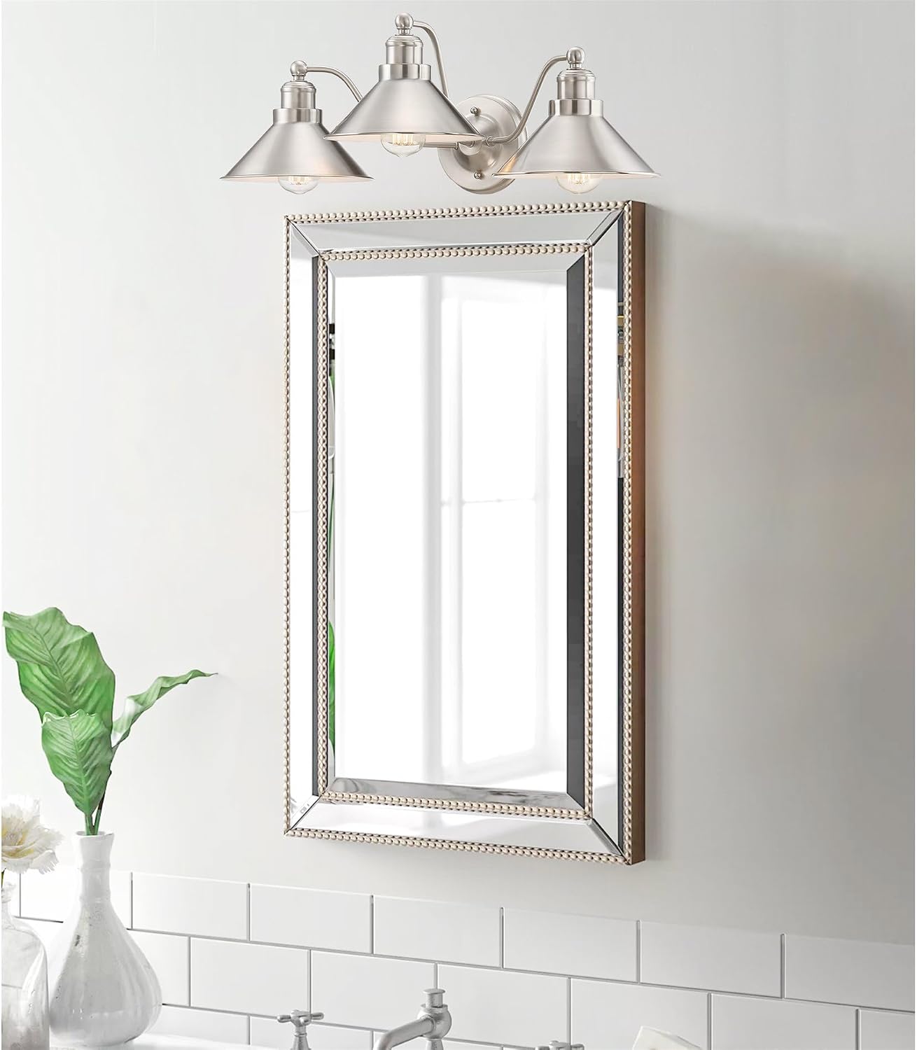 Kira Home Welton 25.5' 3-Light Modern Farmhouse Vanity Light with Funnel Shades, Industrial Silver Wall Sconce Bathroom Light, Brushed Nickel Finish