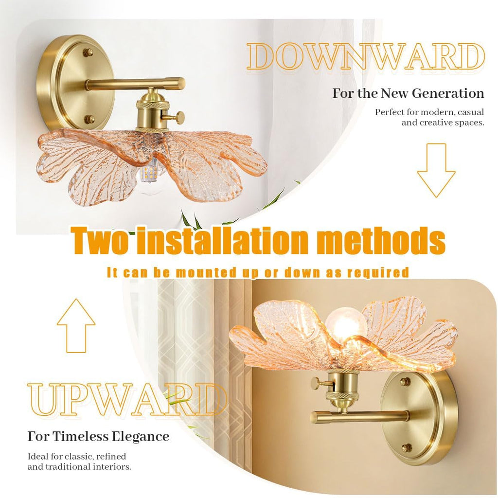 Unique Wall Light Set of 2 with Amber Glass Petals Over Mirror | Vintage Wall Sconce Set of 2 Bathroom Vanity Lights, flower Glass Shade ＆Gold Brass E26 Base, Easy to install, For Hallway