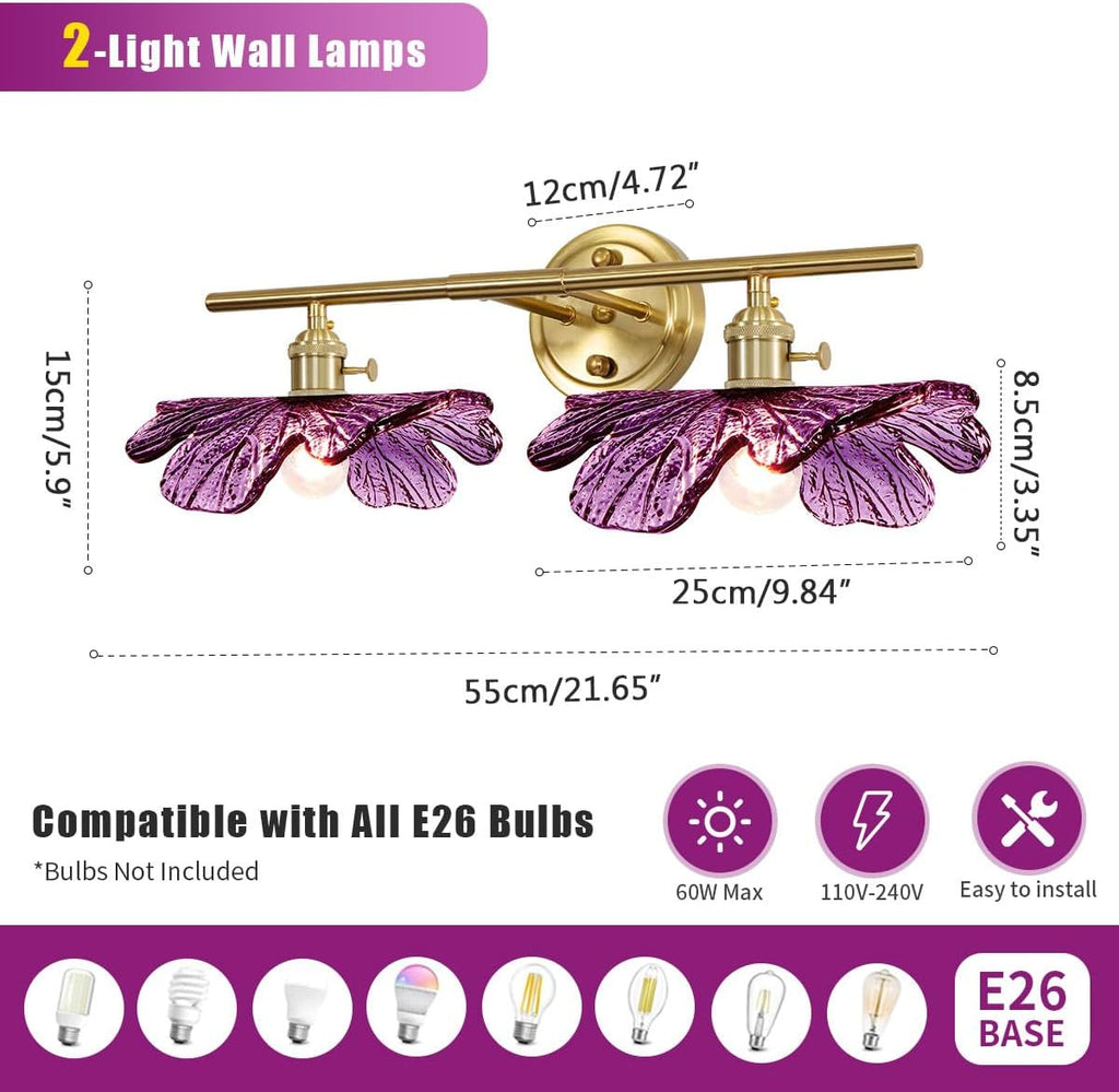 Purple Glass Wall Sconce, 2-Light Gold Bathroom Vanity Lights Over Mirror with Petal Glass Shade, Indoor Art Decor Wall Mount Light for Girl Room Doorway Hallway