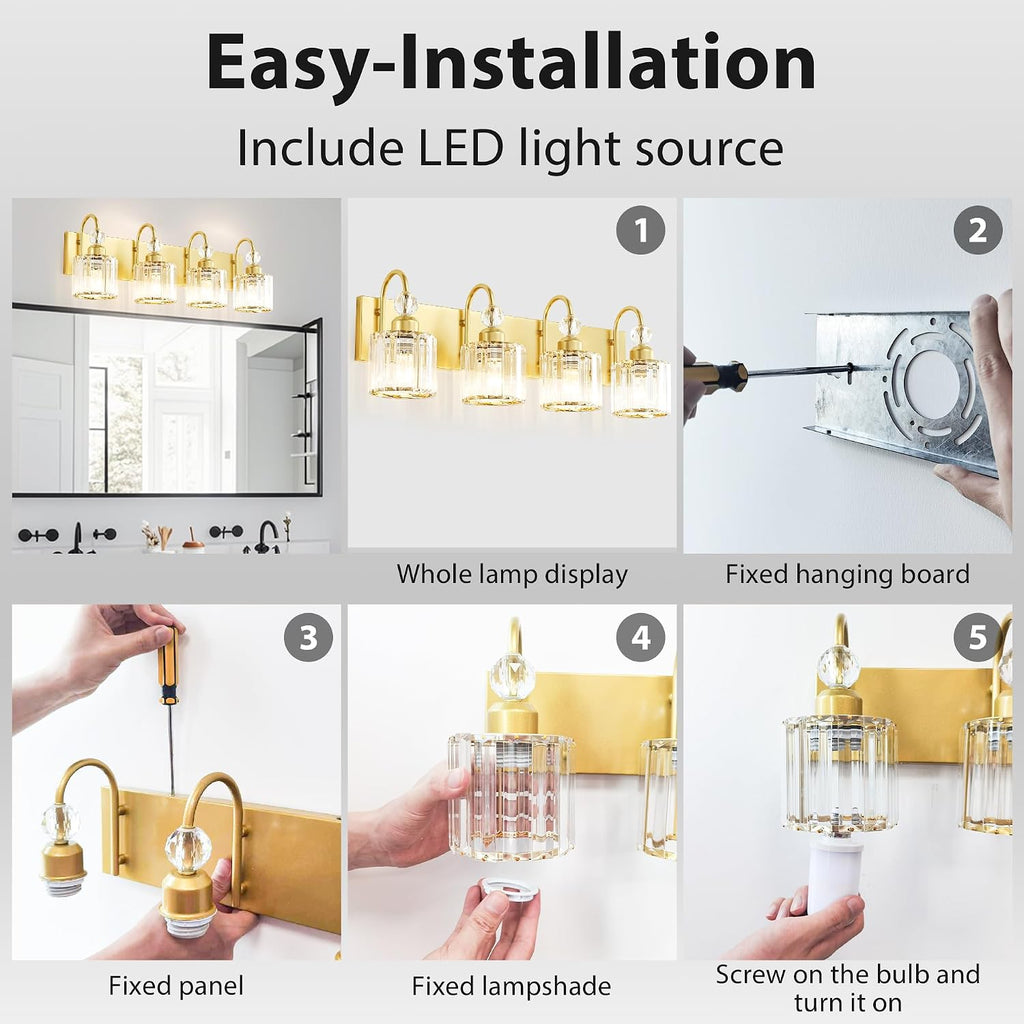 Bathroom Vanity Light Fixtures Over Mirror - Makeup Lighting Pure Gold - for Modern Wall, Bath, Desk, Farmhouse, Hallway - 4 Crystal Lights