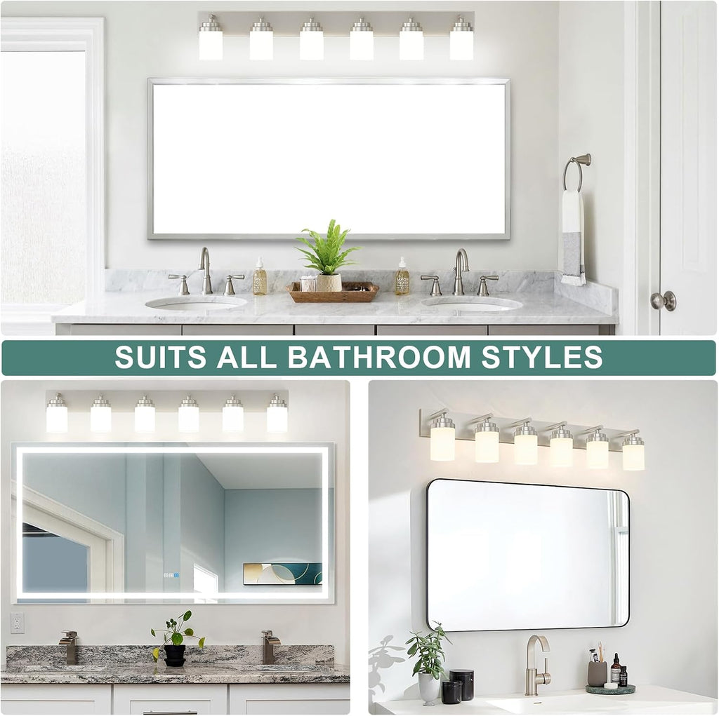 IZORRO Bathroom Vanity Light Fixture, 6-Light 46 Inch Brushed Nickel Bathroom Light Fixtures Over Mirror, with White Glass Shade, Modern Farmhouse Vanity Lights, Rustic Restroom Lighting Fixtures