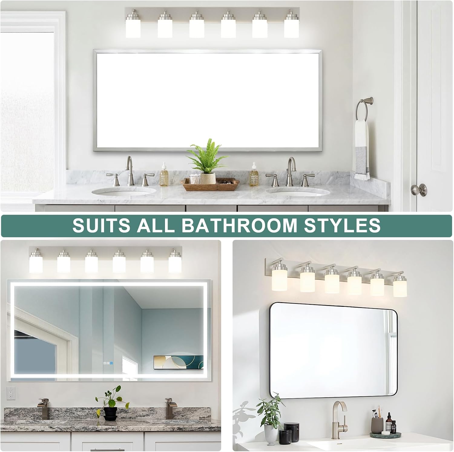 IZORRO Bathroom Vanity Light Fixture, 6-Light 46 Inch Brushed Nickel Bathroom Light Fixtures Over Mirror, with White Glass Shade, Modern Farmhouse Vanity Lights, Rustic Restroom Lighting Fixtures
