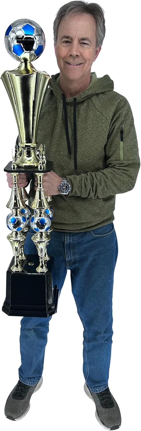 Express Medals Deluxe Soccer Championship Trophy, 41-Inch Gold Tower with Silver Blue Ball Accents, 4-Tier Design