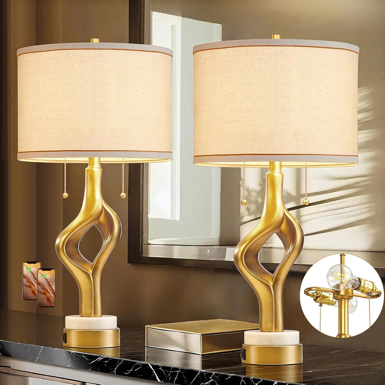 26' Modern Table Lamp Set of 2 for Living Room Bedroom, Gold Sculptural Table Lamp with 2 USB Ports, Resin Desk Lamps Marble Base with Double Pull Chains for Bedside End Tables, Bulb Included