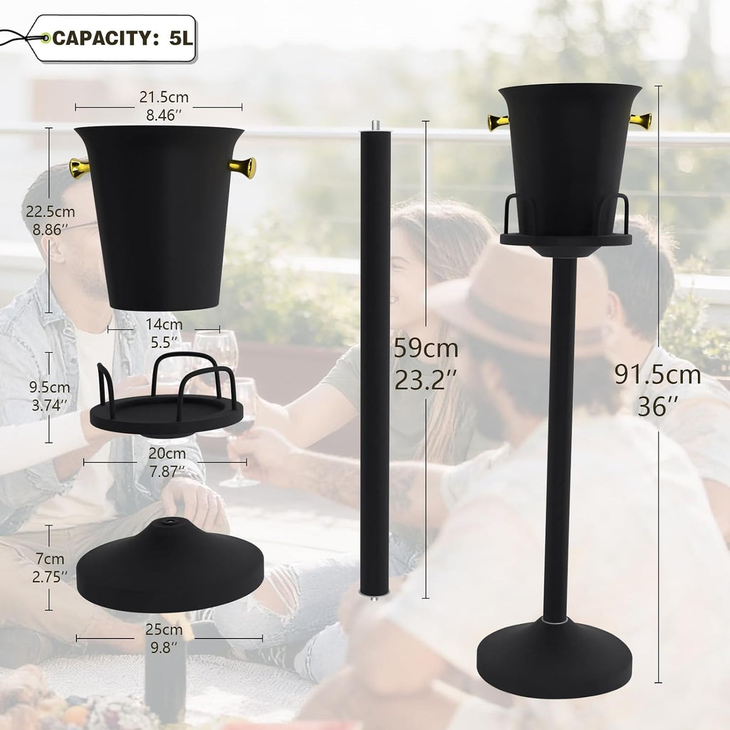 Champagne Bucket with Stand, Wine Bucket Stand with 5L Bucket, Stainless Steel Standing Ice Buckets for Bar, KTV, Hotel, Party, Gathering (Matte Black, 2 Packs)
