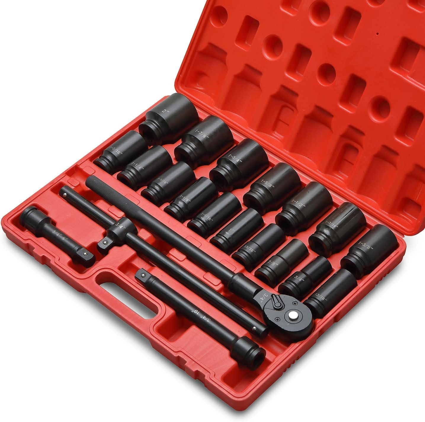 3/4' Drive Impact Socket Set, 21 Piece Deep Socket Assortment, 6-Point Deep Imperial Sizes (3/4-Inch to 2-Inch) | Cr-Mo Steel Includes Adapters and Ratchet Wrench Andextension Rod