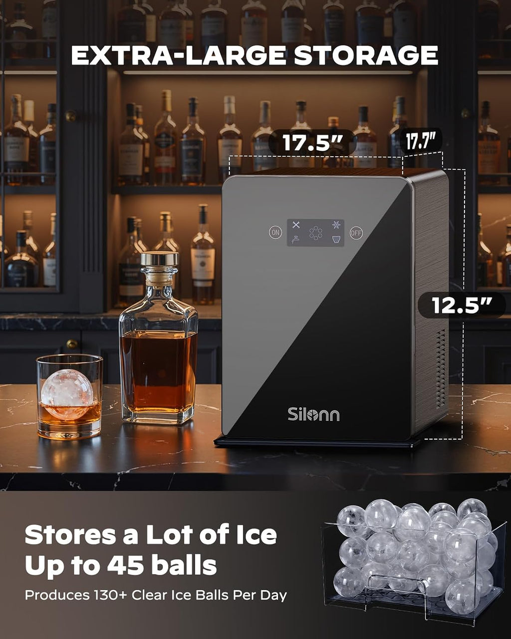 Silonn 2' Sphere Clear Ice Maker Countertop, Slow-Melting Crystal Ice Balls for Whiskey, 4 Pcs in 35 Mins / 144 Pcs/Day, Rapid Sphere Technology, One-Click Self-Cleaning, Ideal for Bourbon
