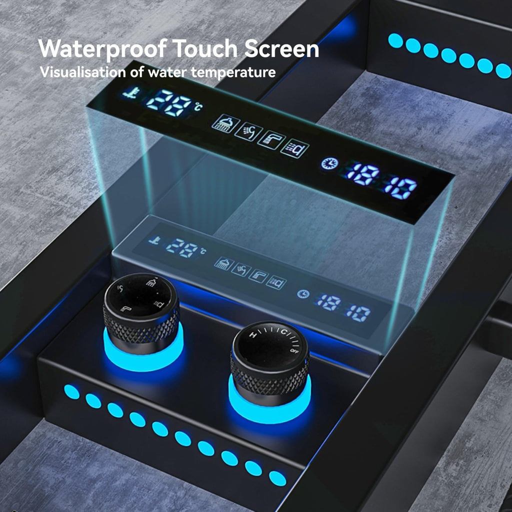 ELLO&ALLO LED Shower Panel Tower System with Shelf, Rainfall Shower Head and Rain Massage System with Body Jets, Stainless Steel Bathroom Fixtures, Matte Black