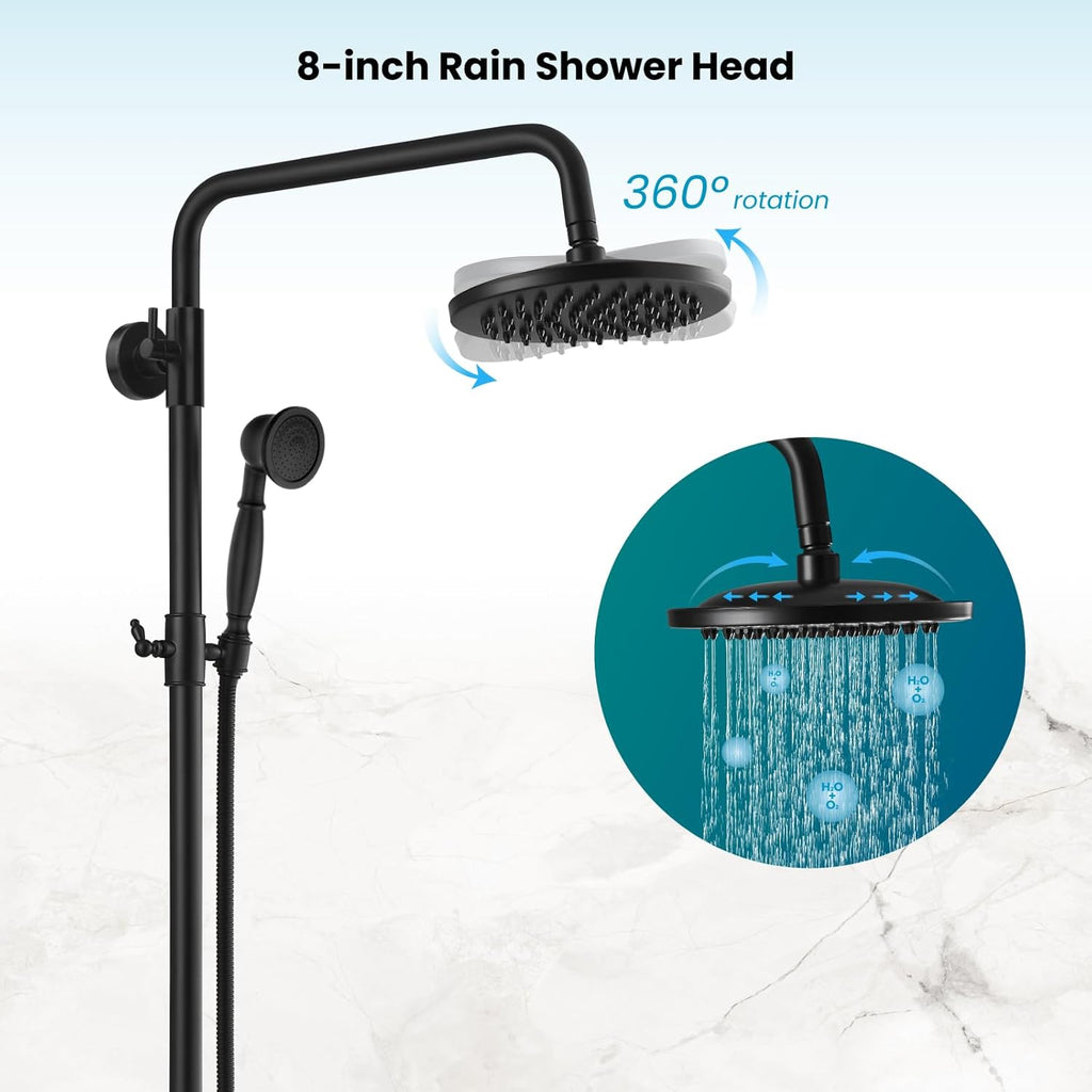 gotonovo Exposed Bathroom Shower Faucet Set Shower Fixture 8 Inch Rainfall Shower Head Handheld Shower Cross Handle Wall Mount 2 Functions Matte Black