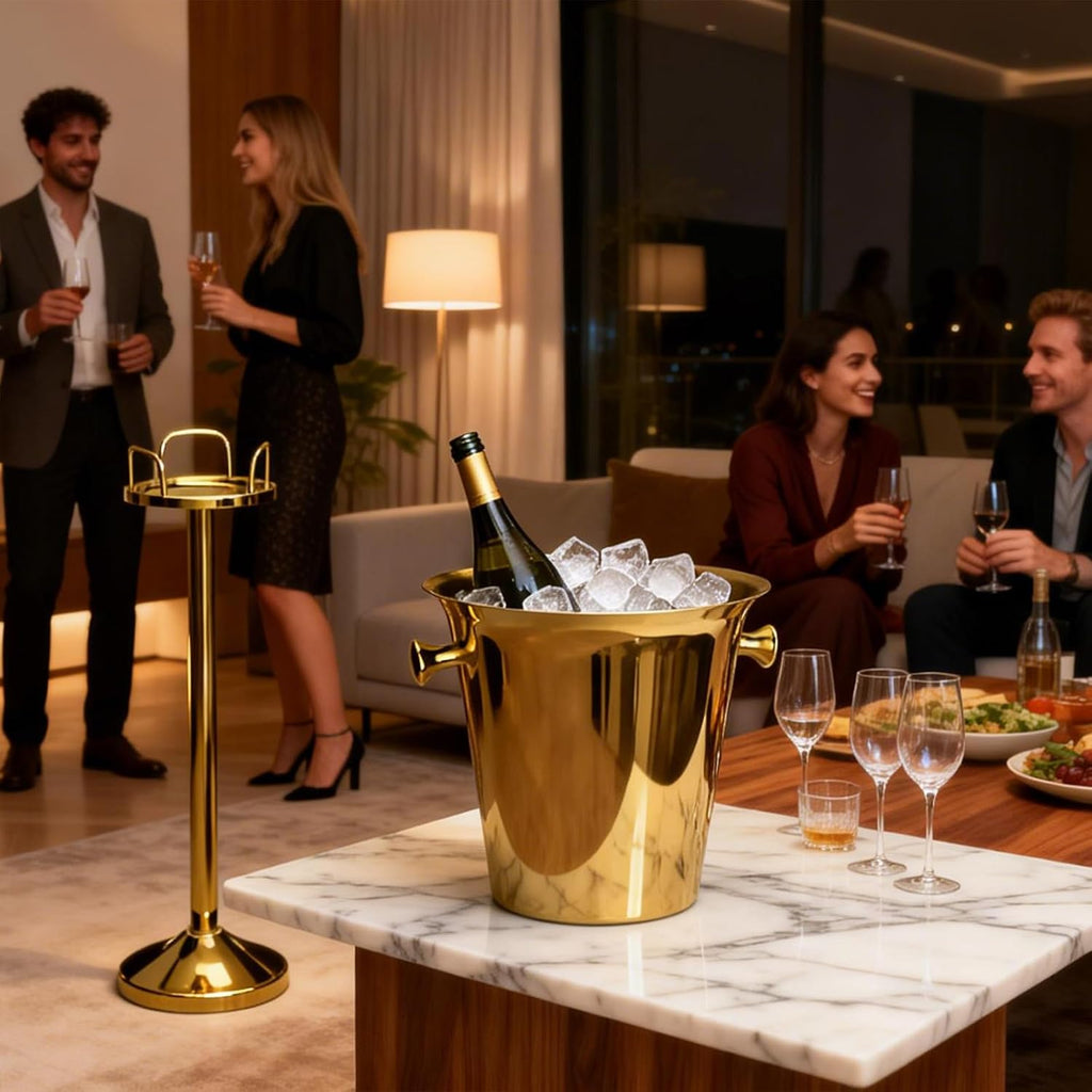 Champagne Bucket with Stand, Wine Bucket Stand with 5L Bucket, Stainless Steel Standing Ice Buckets for Bar, KTV, Hotel, Party, Gathering (Gold, 2 Packs)