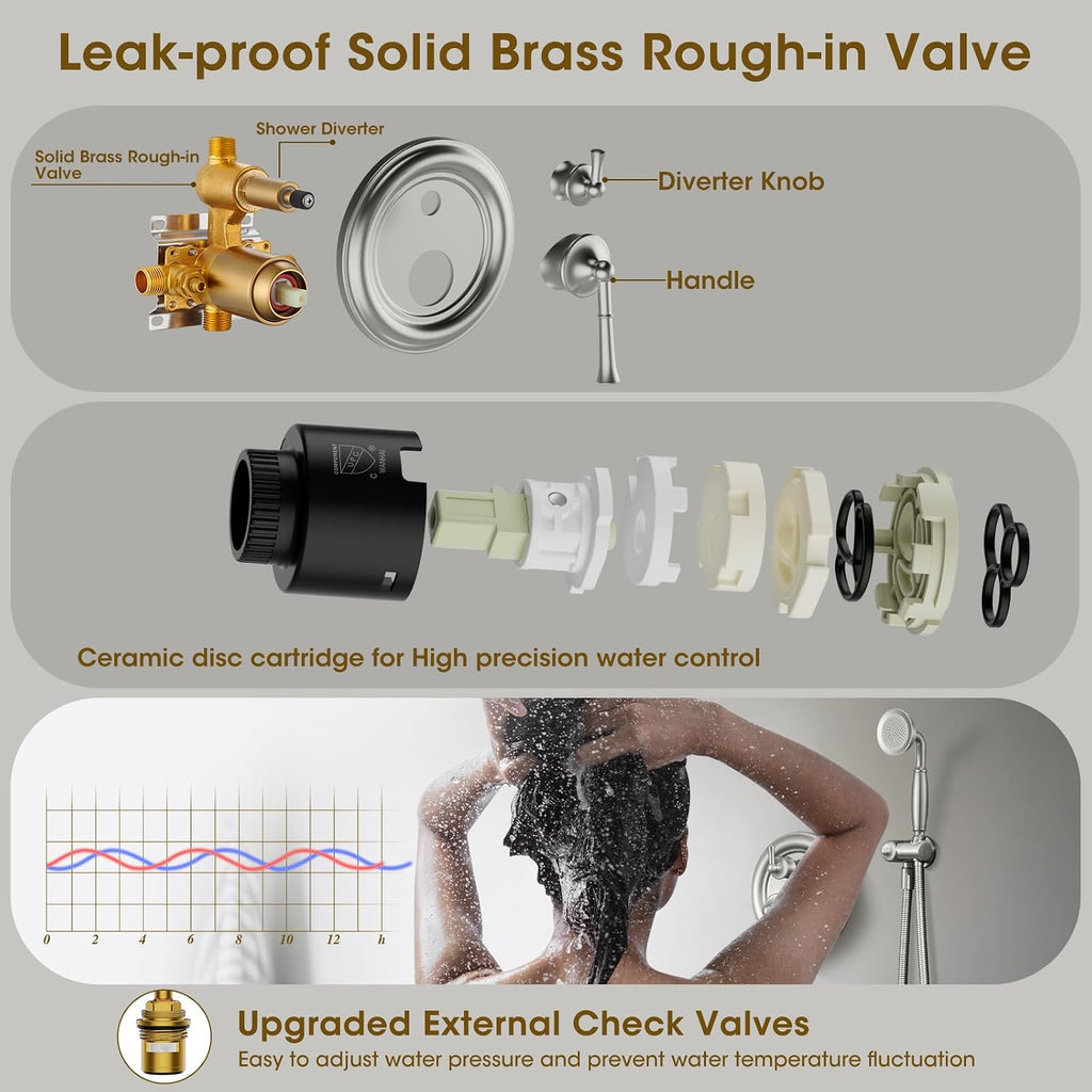 Rain Shower Head with Handheld Spray, Rainfall Shower System with Rough-in Valve, Shower Faucet Set with Pressure Balance Valve, 9 Inch Luxury Shower Trim Kit Wall Mount, Brushed Nickel