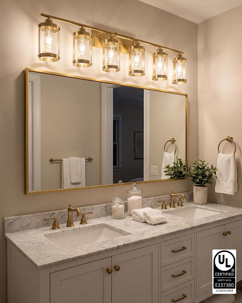 6-Light Brushed Gold Bathroom Light Fixtures Over Mirror with Clear Glass and Metal Cage Shade, 42' UL-Listed Modern Farmhouse Wall Sconce for Bath, Hardwire E26, OS-3014BG-6W