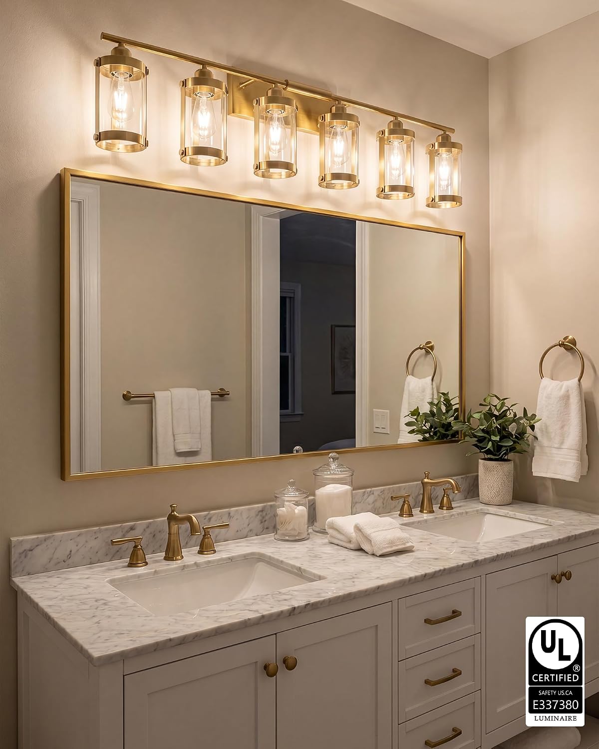 6-Light Brushed Gold Bathroom Light Fixtures Over Mirror with Clear Glass and Metal Cage Shade, 42' UL-Listed Modern Farmhouse Wall Sconce for Bath, Hardwire E26, OS-3014BG-6W