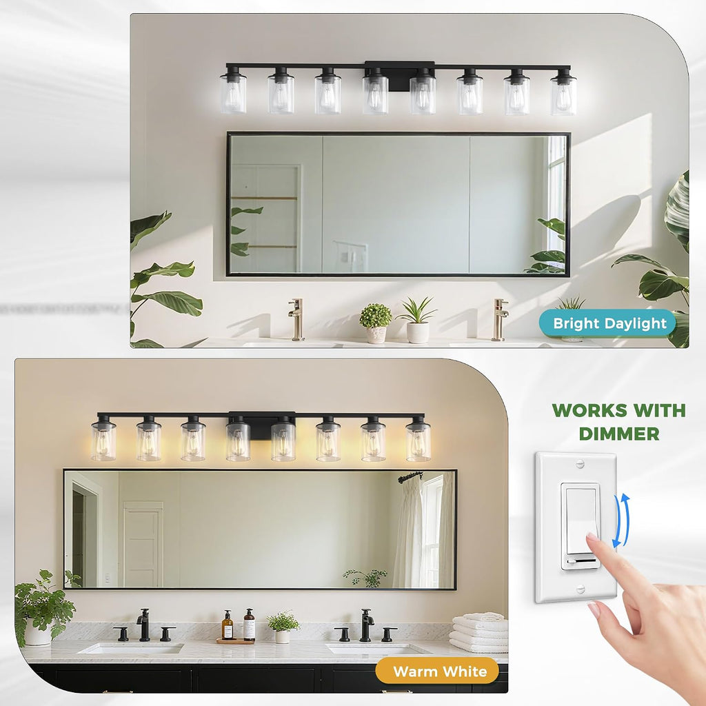 DORESshop 55 Inch Bathroom Light Fixtures, 8-Light Black Bathroom Lighting Fixtures Over Mirror with Glass Shade, Modern Vanity Lights for Hallway Bedroom