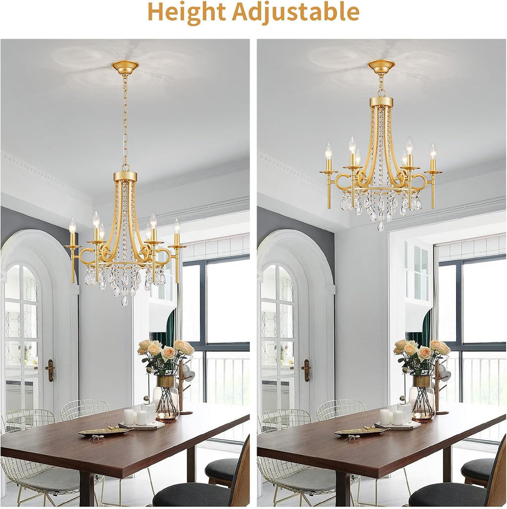 Modern Crystal Chandeliers for Dining Room, 6-Lights Gold Round Chandelier for Entryway, Crystal Chandelier Pendant Ceiling Lighting Fixture for Living Room Bedroom Kitchen Island Foyer Staircase