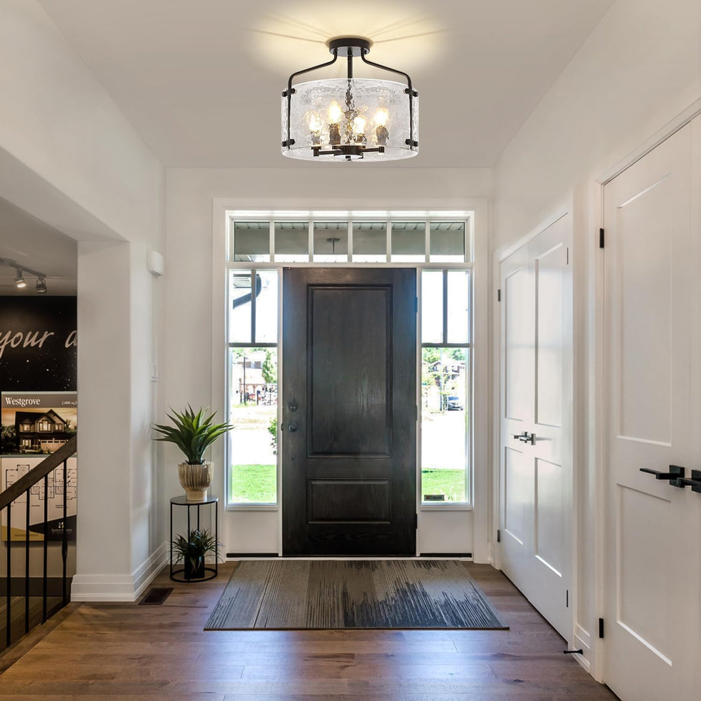 Black Semi Flush Mount Ceiling Lights, Modern Hammered Glass Entryway Hallway Light Fixtures 4-Light Drum Chandelier for Dining Room Bathroom Bedroom Kitchen Foyer Lighting