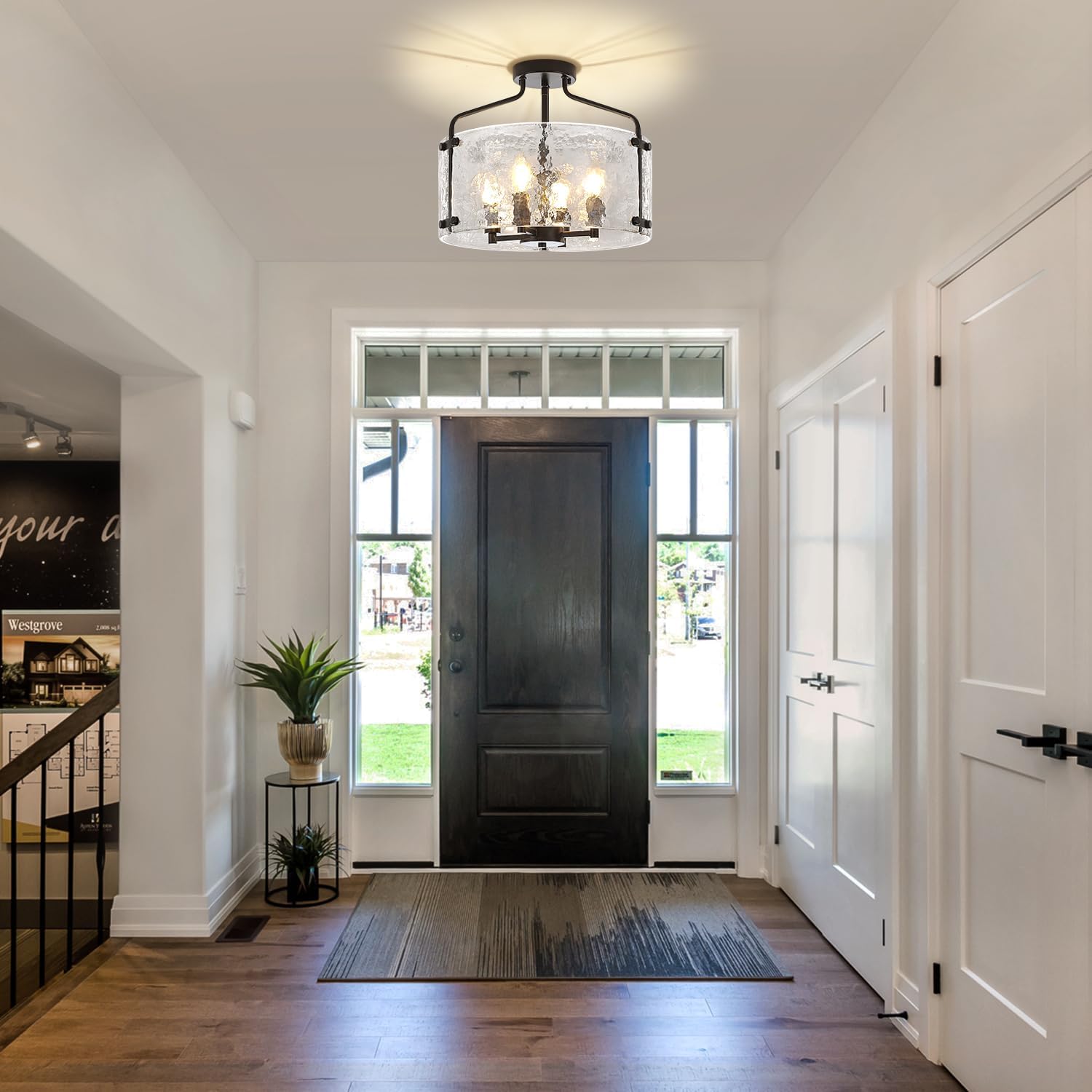 Black Semi Flush Mount Ceiling Lights, Modern Hammered Glass Entryway Hallway Light Fixtures 4-Light Drum Chandelier for Dining Room Bathroom Bedroom Kitchen Foyer Lighting