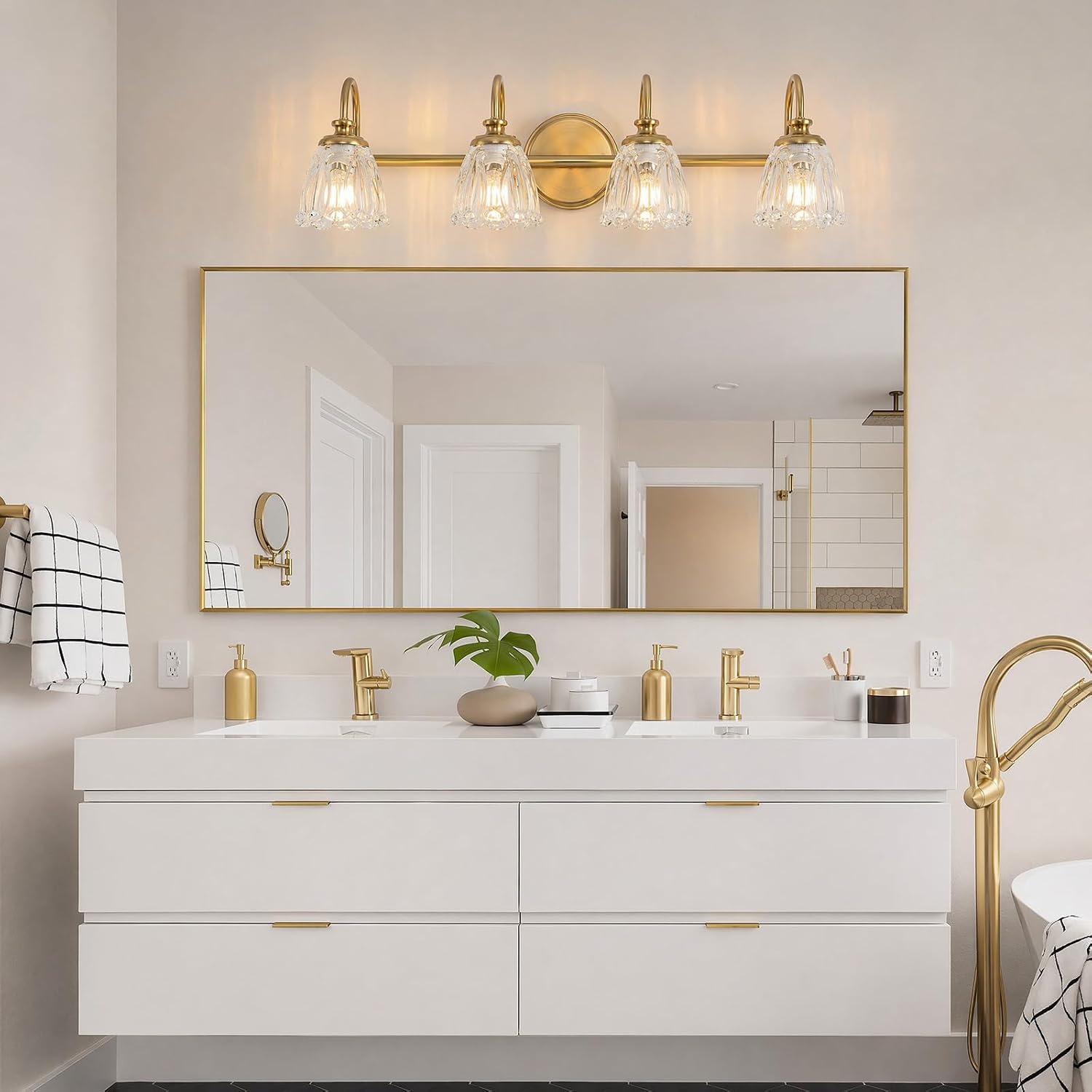 Bathroom Light Fixtures, 4 Light Brushed Gold Vanity Lights for Bathroom with Clear Tulip Crystal Glass Shade, 27 in Vintage Bathroom Vanity Lights Over Mirror for Bedroom, Living Room, Hallway