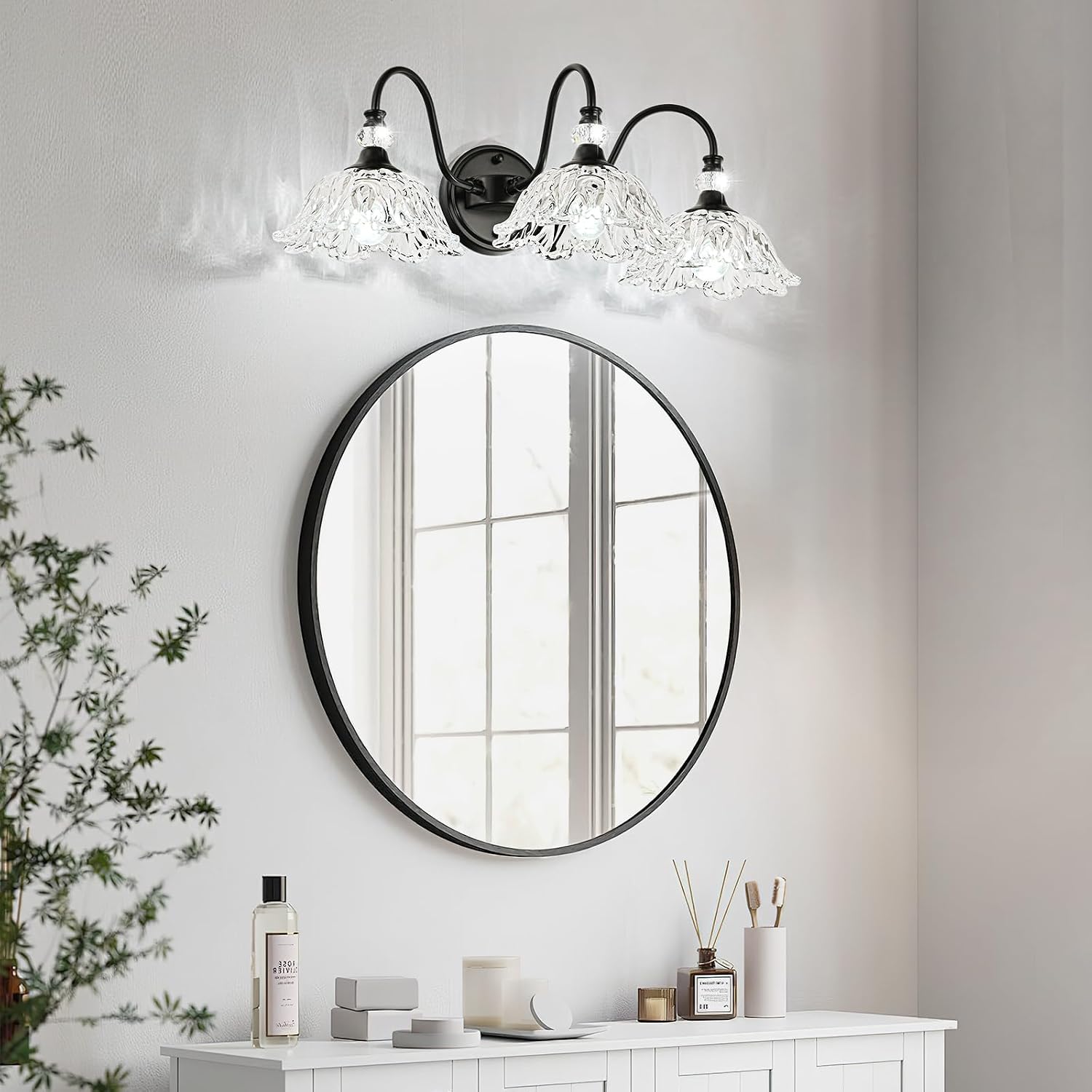 Black Bathroom Vanity Light,3-Light Vanity Light with Crystal Glass Shades,Vintage Farmhouse Vanity Lighting for Bathroom and Dressing Table