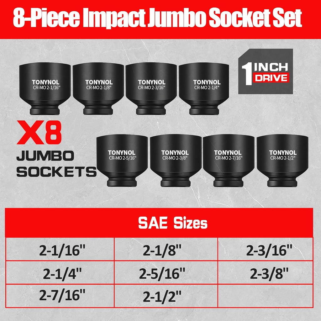 TONYNOL 1 Inch Drive Impact Jumbo Socket Set,6-Point,SAE(2-1/16' to 2-1/2'),8 Pcs,Cr-MO Steel,With a Storage Case
