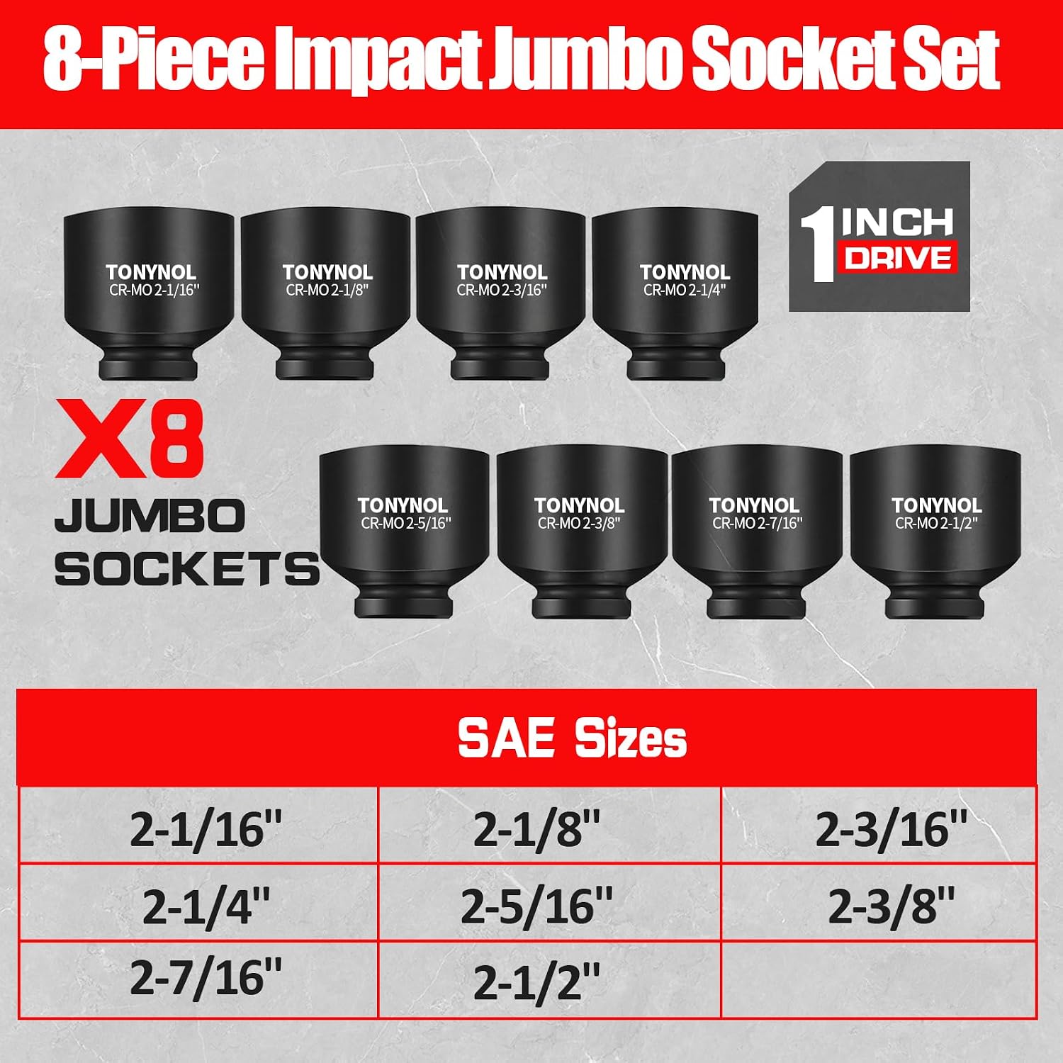 TONYNOL 1 Inch Drive Impact Jumbo Socket Set,6-Point,SAE(2-1/16' to 2-1/2'),8 Pcs,Cr-MO Steel,With a Storage Case