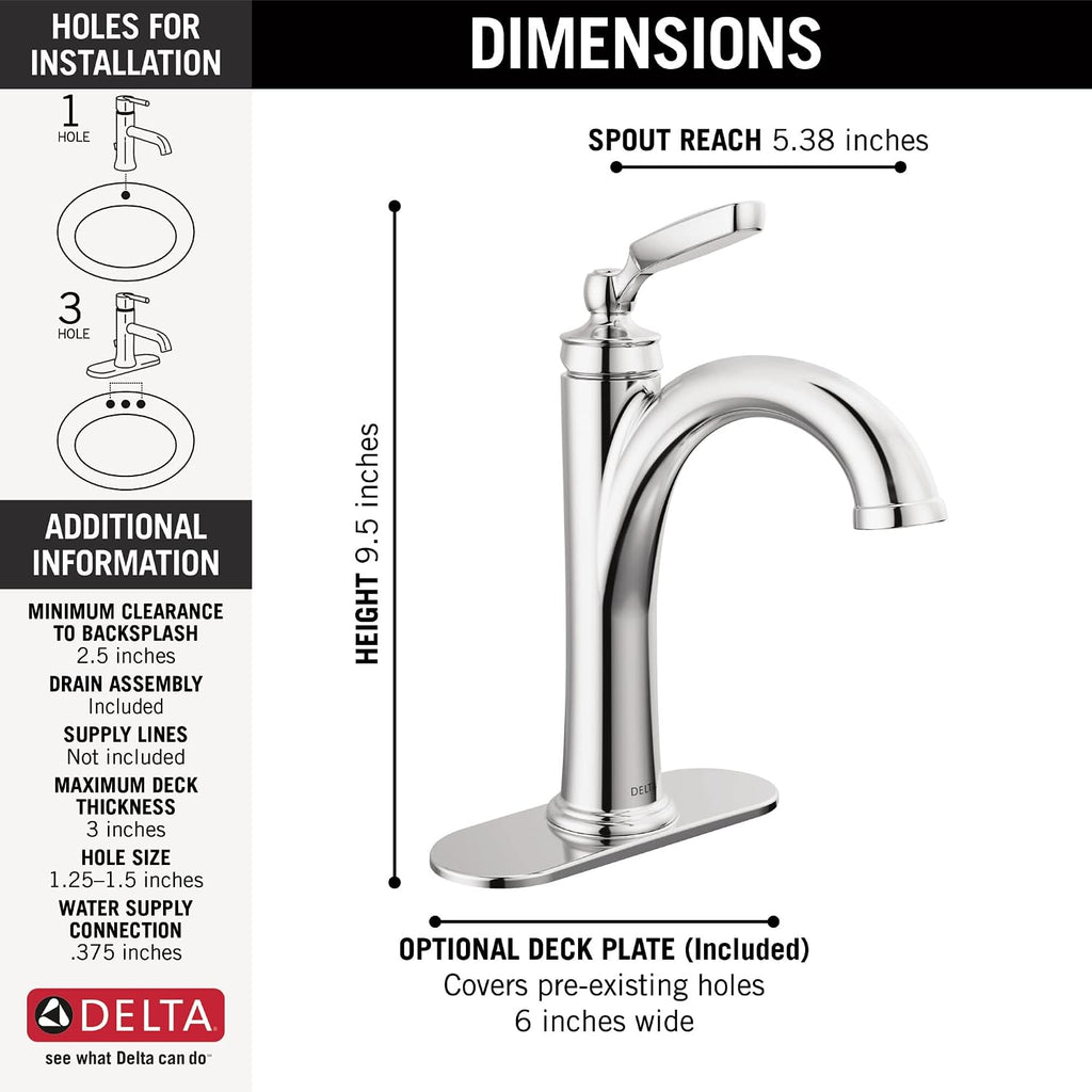 Delta Woodhurst Chrome Bathroom Faucet 1 Hole, Single Hole Bathroom Sink Faucet for Vanity, Metal Push-Pop Drain Assembly, Chrome 532-MPU-DST