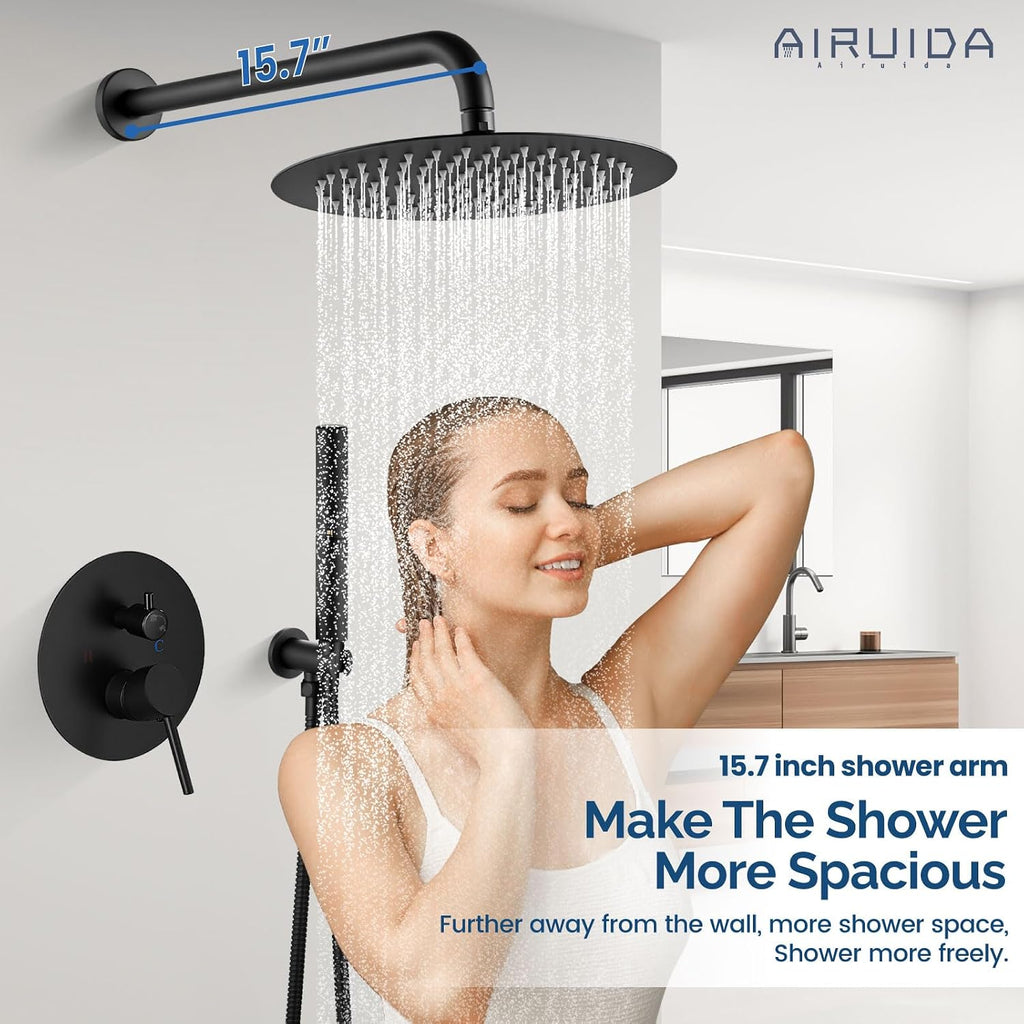 Airuida Shower Faucet Set, Bathtub Faucet Set with 12 Inch Rain Shower Head and Valve,2 Functions Tub Shower Faucet Set for Bathroom-Matte Black