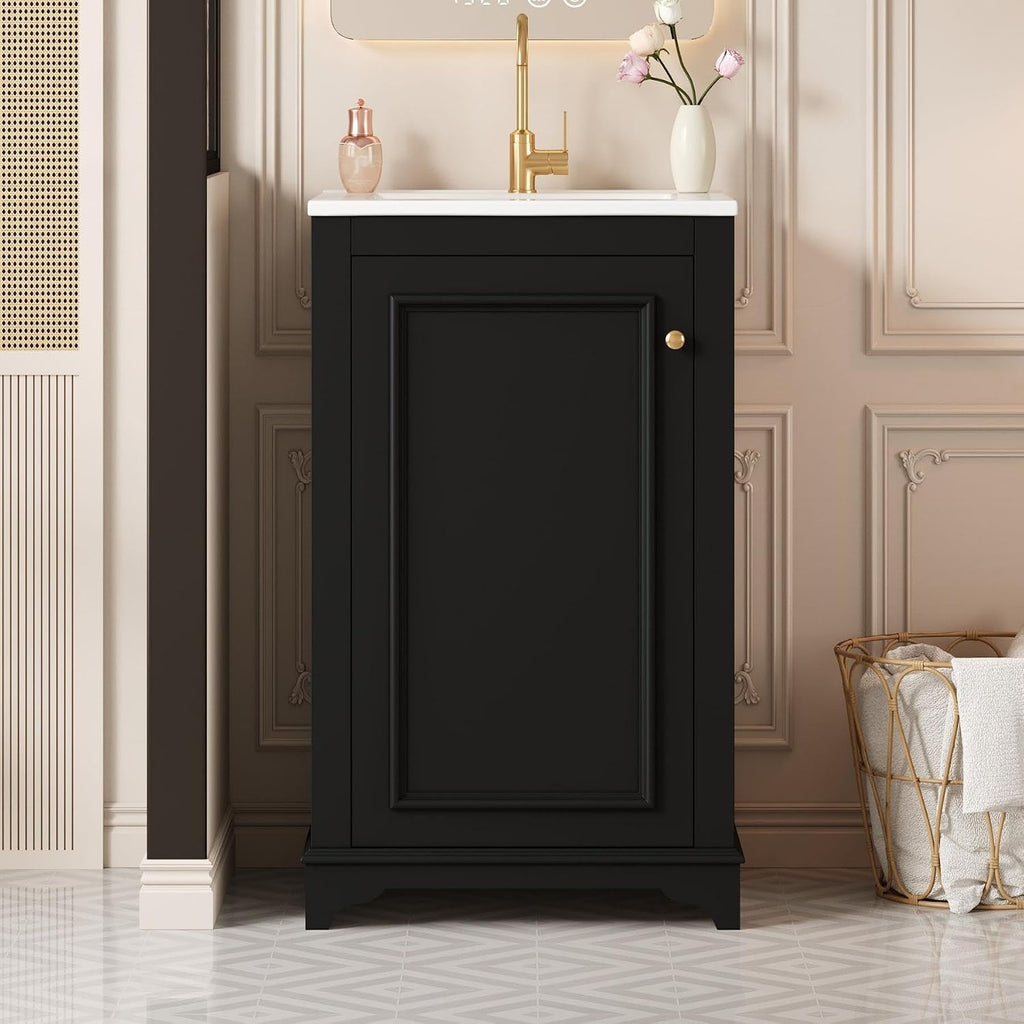 Merax 20' Narrow Bathroom Vanity with Ceramic Sink, Freetanding Modern Single Vanity Set with Soft Closing Door and Adjustable Shelf (Black)