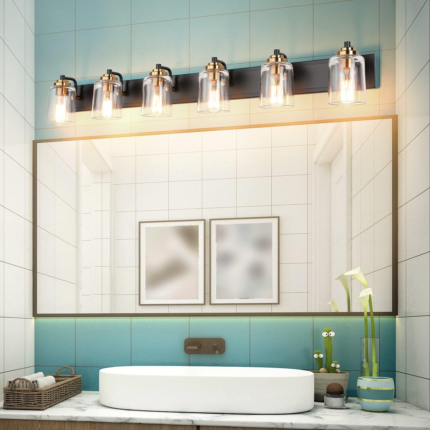 SOLFART Bathroom Vanity Light Black and Brass Bathroom Light fixtures Durable Glass Globe Vintage Stylish Lighting 6 Lights(8580)