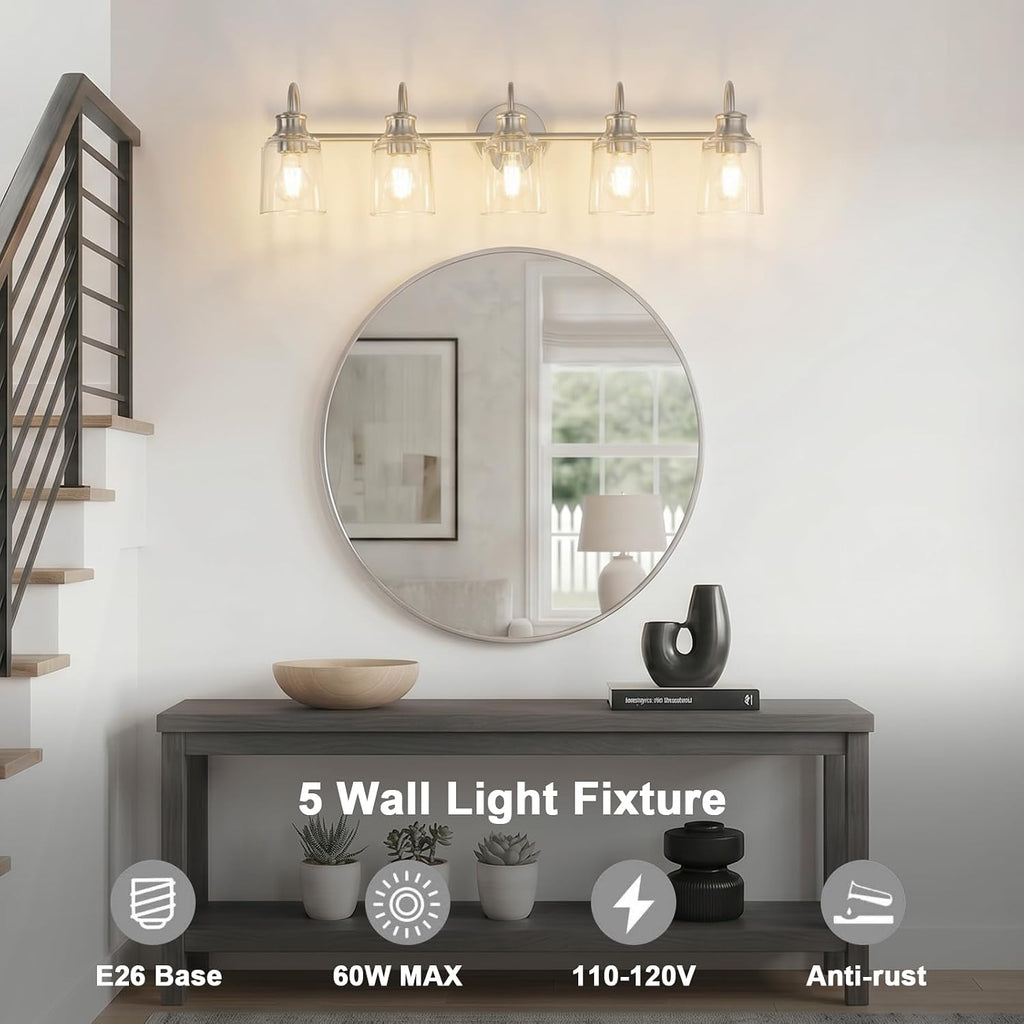 5 Lights Bathroom Light Fixtures Modern Brushed Nickel Vanity Lights for Bathroom Lighting Fixtures Over Mirror with Clear Glass Shade for Cabinet Mirror Bedroom Hallway