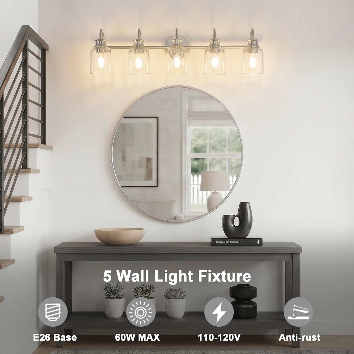 5 Lights Bathroom Light Fixtures Modern Brushed Nickel Vanity Lights for Bathroom Lighting Fixtures Over Mirror with Clear Glass Shade for Cabinet Mirror Bedroom Hallway
