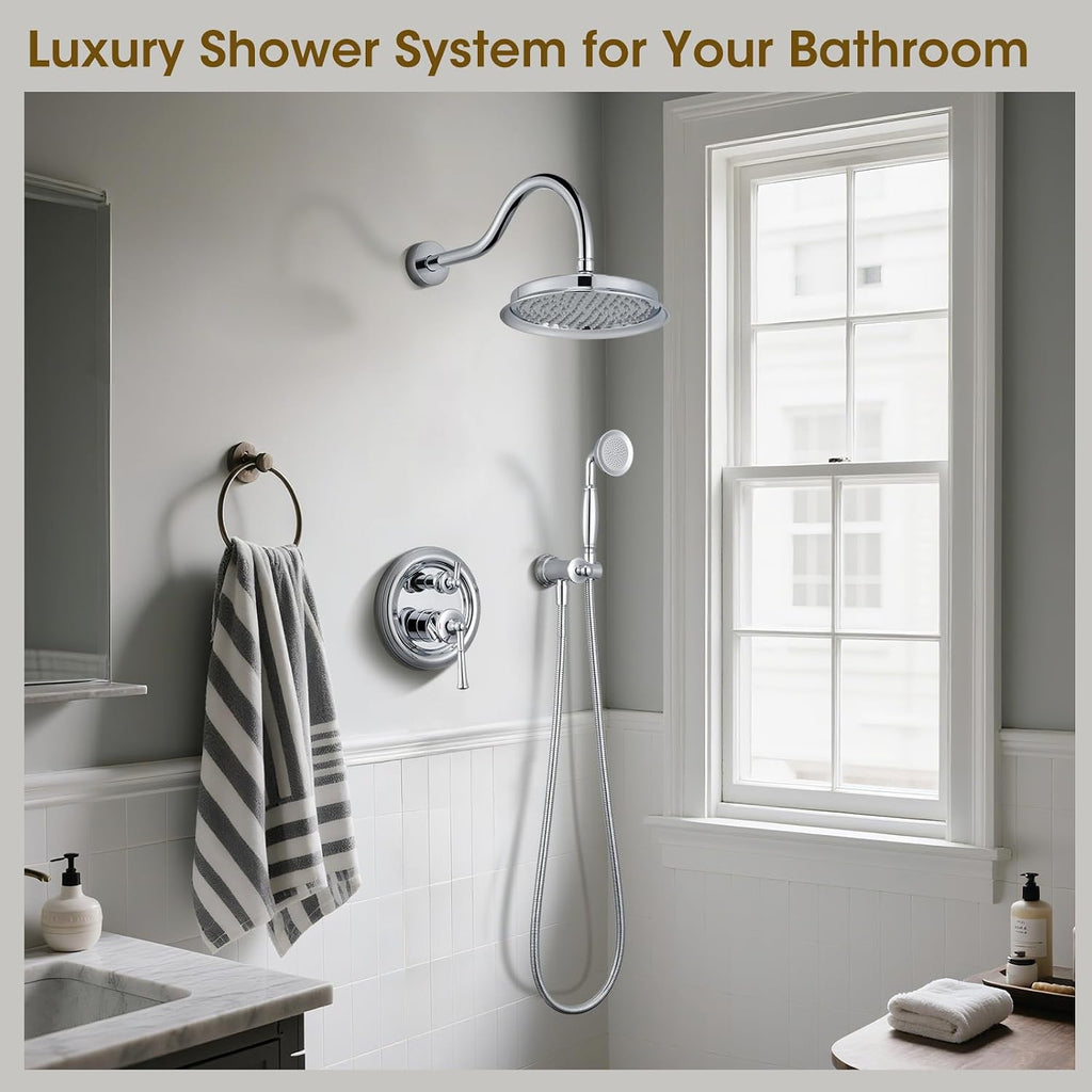 Rain Shower Head with Handheld Spray, Rainfall Shower System with Rough-in Valve, Shower Faucet Set with Pressure Balance Valve, 9 Inch Luxury Shower Trim Kit Wall Mount, Polished Chrome