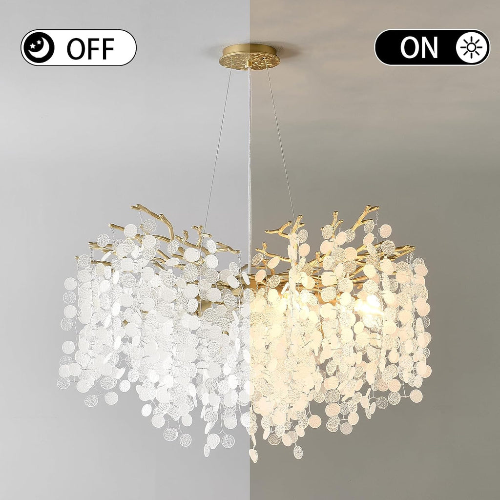 32 Inch Gold Crystal Chandelier, 10-Light Coastal Chandeliers for Dining Room, Large Modern Tree Branch Light Fixtures, Seashell Chandelier for Entryway Foyer Bathroom Living Room, E12