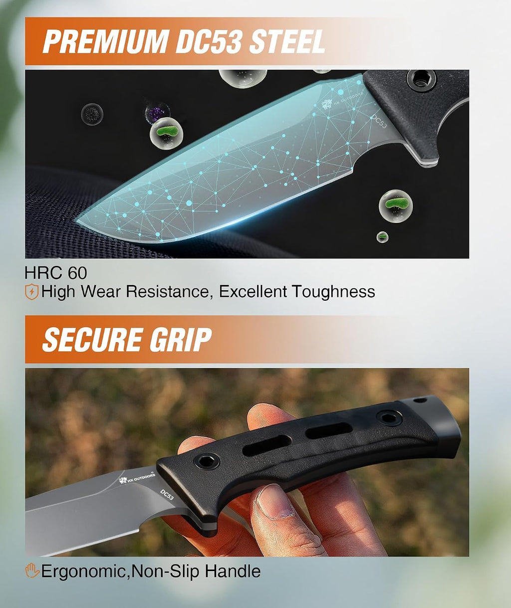 HX OUTDOORS Fixed Blade Camping Knife with Fire Starter, Premium DC53 Steel Full Tang Bushcraft Survival Knife with Kydex Sheath for EDC,Outdoor,Camping,Hiking（Black2