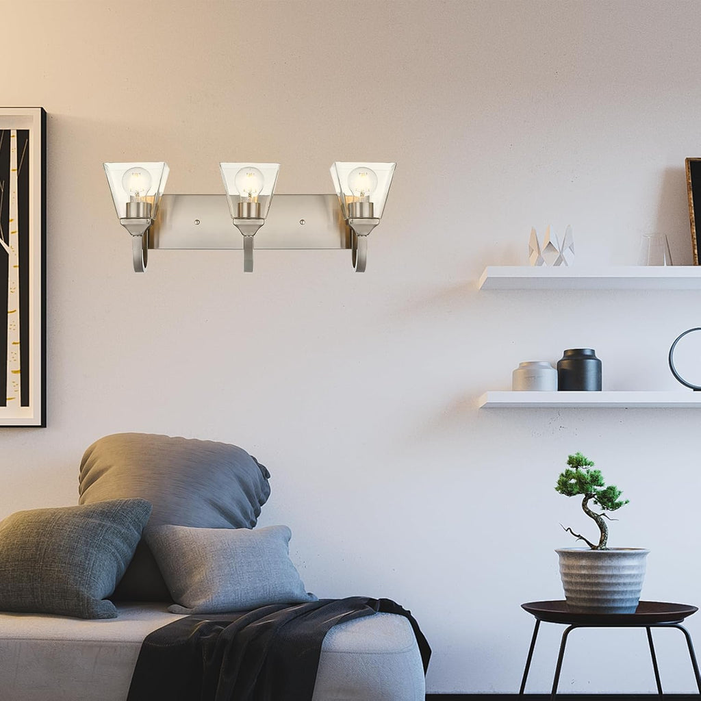 Bathroom Light Fixtures,3 Light Modern Brushed Nickel Vanity Lights Over Mirror Industrial Wall Sconce Lighting with Clear Glass Shades for Bathroom, Vanity Table, Living Room Hallway